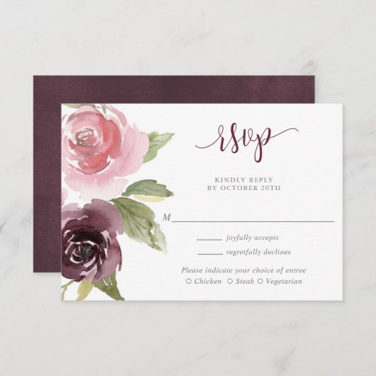 バーガンディ赤面ピンクフローラ水彩結婚式RSVP エンクロージャーカード (正面/裏面)