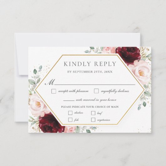バーガンディ赤面ピンクフローラ結婚グリーンの食事 出欠カード (正面)