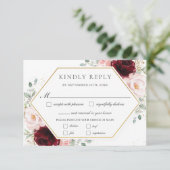 バーガンディ赤面ピンクフローラ結婚グリーンの食事 出欠カード (スタンド正面)