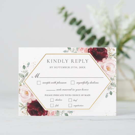 バーガンディ赤面ピンクフローラ結婚グリーンの食事 出欠カード (スタンド正面)