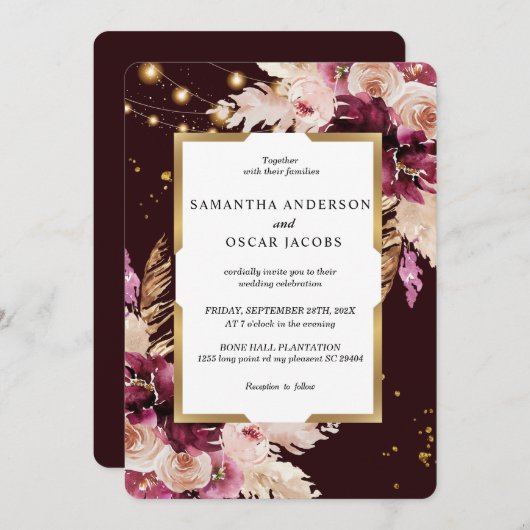 バーガンディ赤面ピンクフローラ&金ゴールドフレーム&ライト 招待状 (正面/裏面)