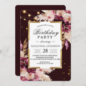 バーガンディ赤面ピンクフローラ&金ゴールドフレーム&ライト 招待状 (正面/裏面)