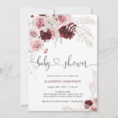 バーガンディ赤面ピンクローズフローラベビーシャワー 招待状 (正面)