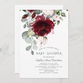 バーガンディ赤面ピンク水彩花ベビーシャワー 招待状 (正面/裏面)
