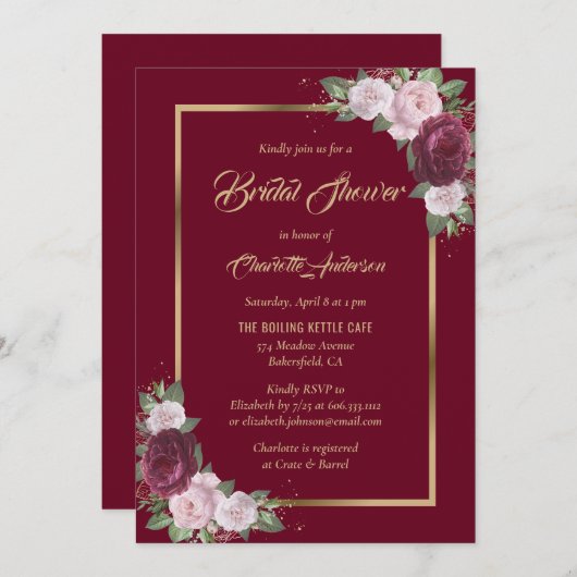 バーガンディ赤面ピンク金ゴールドブライダルシャワー招待状 招待状 (正面/裏面)
