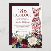 バーガンディ赤面フラワーズ&ドレス18thバースデーパーティー 招待状 (正面/裏面)
