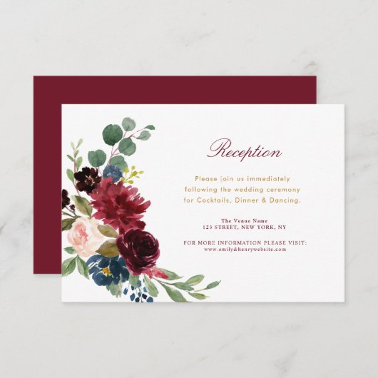 バーガンディ赤面フローラウェディングレセプションカード 出欠カード (正面/裏面)