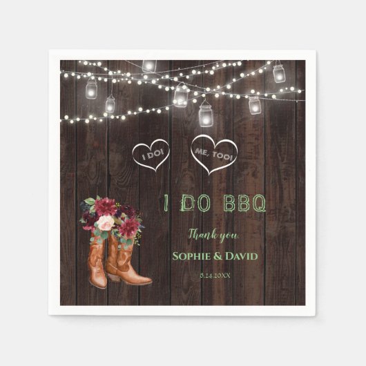 バーガンディ赤面フローラカウボーイブーツ私はBBQを行った後 スタンダードカクテルナプキン (正面)