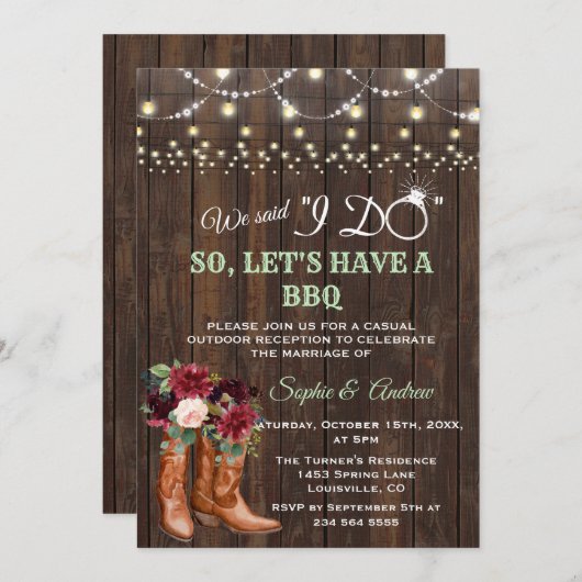 バーガンディ赤面フローラカウボーイブーツ私はBBQを行った後 招待状 (正面/裏面)