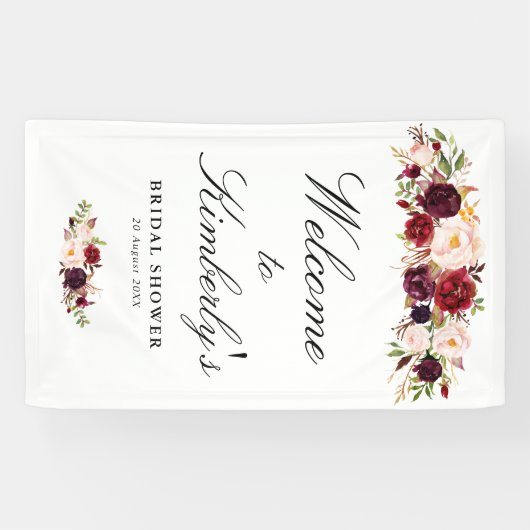 バーガンディ赤面フローラブライダルシャワーウェルカムサイン 横断幕 (横)