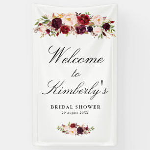バーガンディ赤面フローラブライダルシャワーウェルカムサイン 横断幕