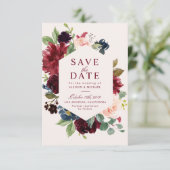 バーガンディ赤面フローラ保存デイトカード セーブザデート (スタンド正面)