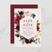 バーガンディ赤面フローラ保存デイトカード セーブザデート (正面/裏面)