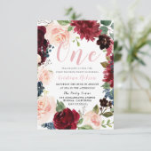 バーガンディ赤面フローラ写真1st誕生日パーティー 招待状 (スタンド正面)