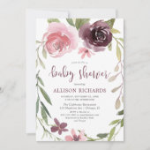 バーガンディ赤面フローラ秋ガールベビーシャワー 招待状 (正面)