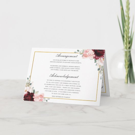 バーガンディ赤面フローラ緑の写真葬儀 プログラム (裏面)