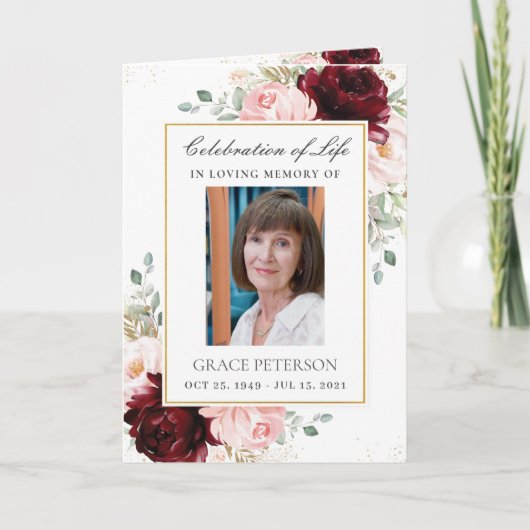 バーガンディ赤面フローラ緑の写真葬儀 プログラム (正面)