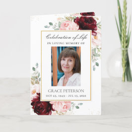 バーガンディ赤面フローラ緑の写真葬儀 プログラム