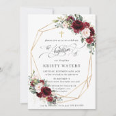 バーガンディ赤面フローラ緑バプテスマ幾何学模様 招待状 (正面)