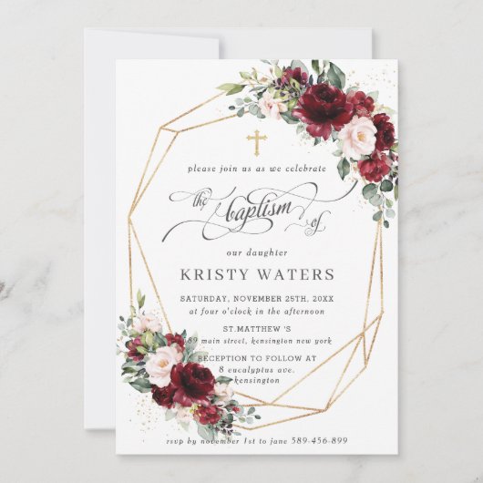 バーガンディ赤面フローラ緑バプテスマ幾何学模様 招待状 (正面)