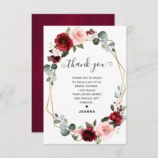 バーガンディ赤面モダン幾何ブライダルシャワー サンキューカード (正面/裏面)