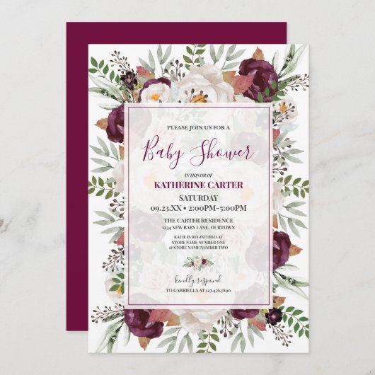 バーガンディ赤面水の色ベビーシャワー 招待状 (正面/裏面)