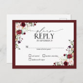 バーガンディ赤面水彩フローラ結婚式RSVPインビ インビテーションポストカード (正面/裏面)