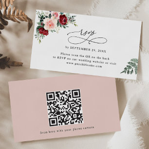 バーガンディ赤面結婚フローラのQRコードRSVPカード 名刺