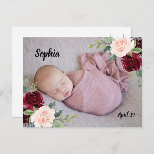 バーガンディ赤面花赤ちゃんガールボーイ生まれたばかりの写真 ポストカード (正面/裏面)