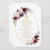 バーガンディ赤面花金ゴールドフレーム神聖な聖餐式 招待状 (正面/裏面)