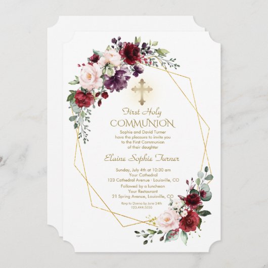 バーガンディ赤面花金ゴールドフレーム神聖な聖餐式 招待状 (正面/裏面)