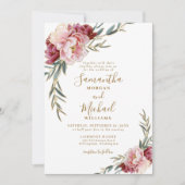 バーガンディ赤面金ゴールドフローラ結婚グリーンリー 招待状 (正面)