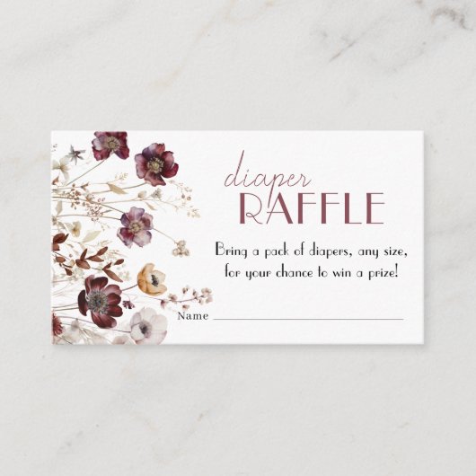バーガンディ野草赤ちゃんシャワーおむつラッフル エンクロージャーカード (正面)