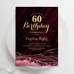 バーガンディ金ゴールドアゲートマーブル60誕生日 招待状<br><div class="desc">ブルゴーニュと金ゴールドは60歳の誕生日パーティーの招待。モダンエレガントデザインフェイクはマルサラのワイン、暗赤色の水の色のアゲート大理石のジオードの背景、グリッターの金ゴールドとタイポグラフィのスクリプトのフォント。トレンディー招待状カードは女性スタイリッシュの日のお祝いに最適。印刷されたZazzle招待状または即時ダウンロードのデジタル印刷可能なテンプレート。</div>