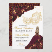 バーガンディ金ゴールドグリッタースウィート16マスカレード 招待状 (正面/裏面)
