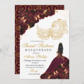 バーガンディ金ゴールドグリッタースウィート16マスカレード 招待状 (正面/裏面)