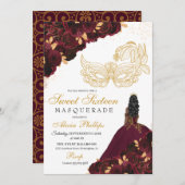 バーガンディ金ゴールドグリッタースウィート16マスカレード 招待状 (正面/裏面)