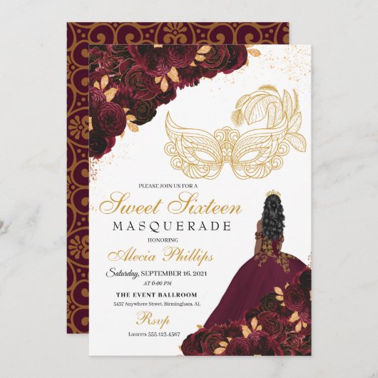 バーガンディ金ゴールドグリッタースウィート16マスカレード 招待状 (正面/裏面)