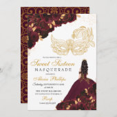 バーガンディ金ゴールドグリッタースウィート16マスカレード 招待状 (正面/裏面)