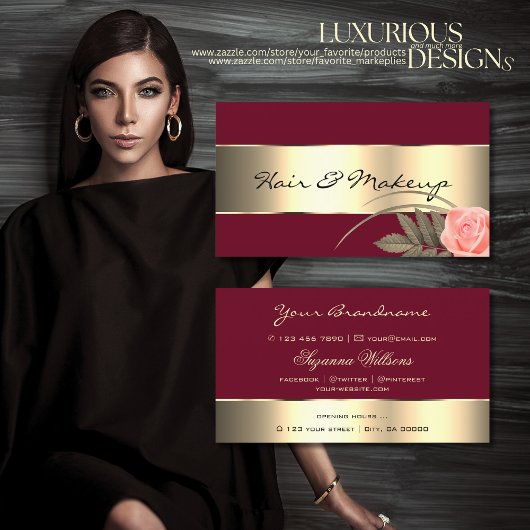 バーガンディ金ゴールドデコーキュートバラフラワーモダンフローラ 名刺