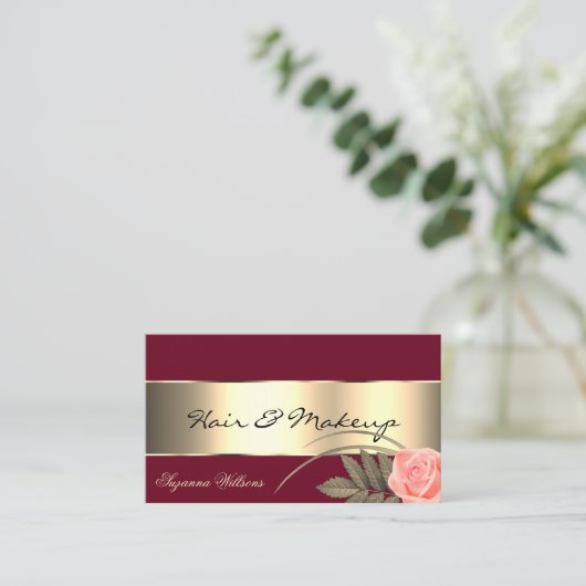 バーガンディ金ゴールドデコールと可愛いバラの花 名刺 (スタンド正面)