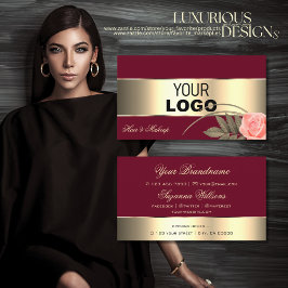 バーガンディ金ゴールドデコールと可愛いバラフラワーとロゴ 名刺