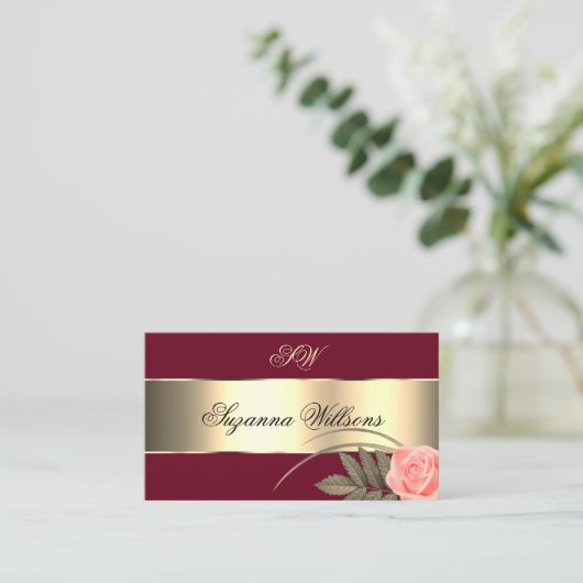 バーガンディ金ゴールドデコールキュートバラフラワーとイニシャル 名刺 (スタンド正面)