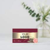 バーガンディ金ゴールドデコールバラフラワーロゴ写真 名刺 (スタンド正面)