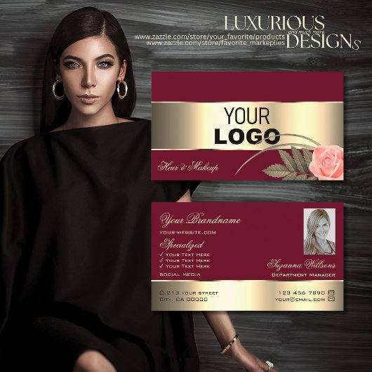 バーガンディ金ゴールドデコールバラフラワーロゴ写真 名刺