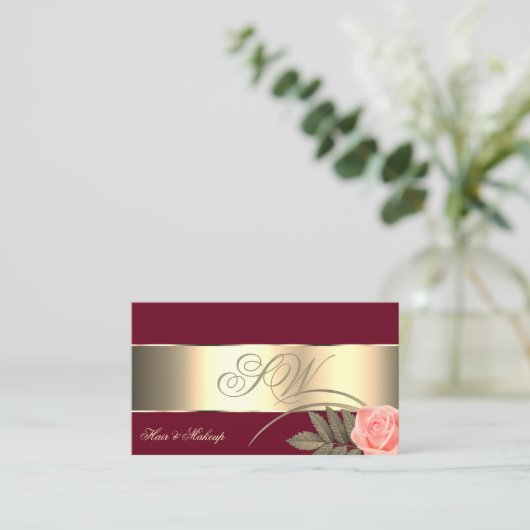 バーガンディ金ゴールドデコール可愛いバラ花とモノグラム 名刺 (スタンド正面)