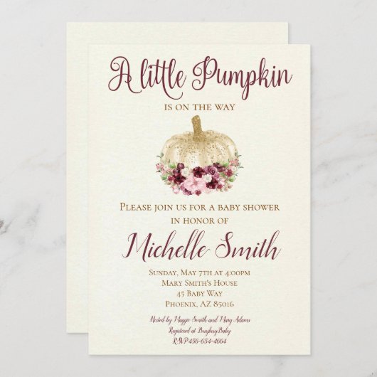 バーガンディ金ゴールドパンプキンボホベビーシャワー招待状 招待状 (正面/裏面)