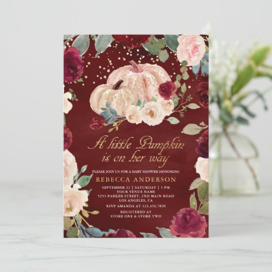 バーガンディ金ゴールドピーチフローラカボチャ赤ちゃんシャワー 招待状 (スタンド正面)