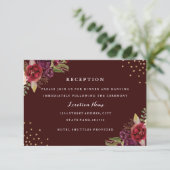 バーガンディ金ゴールドフローラウェディングレセプションカード 招待状 (スタンド正面)
