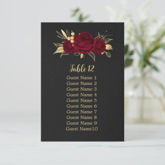 バーガンディ金ゴールドフローラブラックシーティングチャートカード 招待状 (スタンド正面)